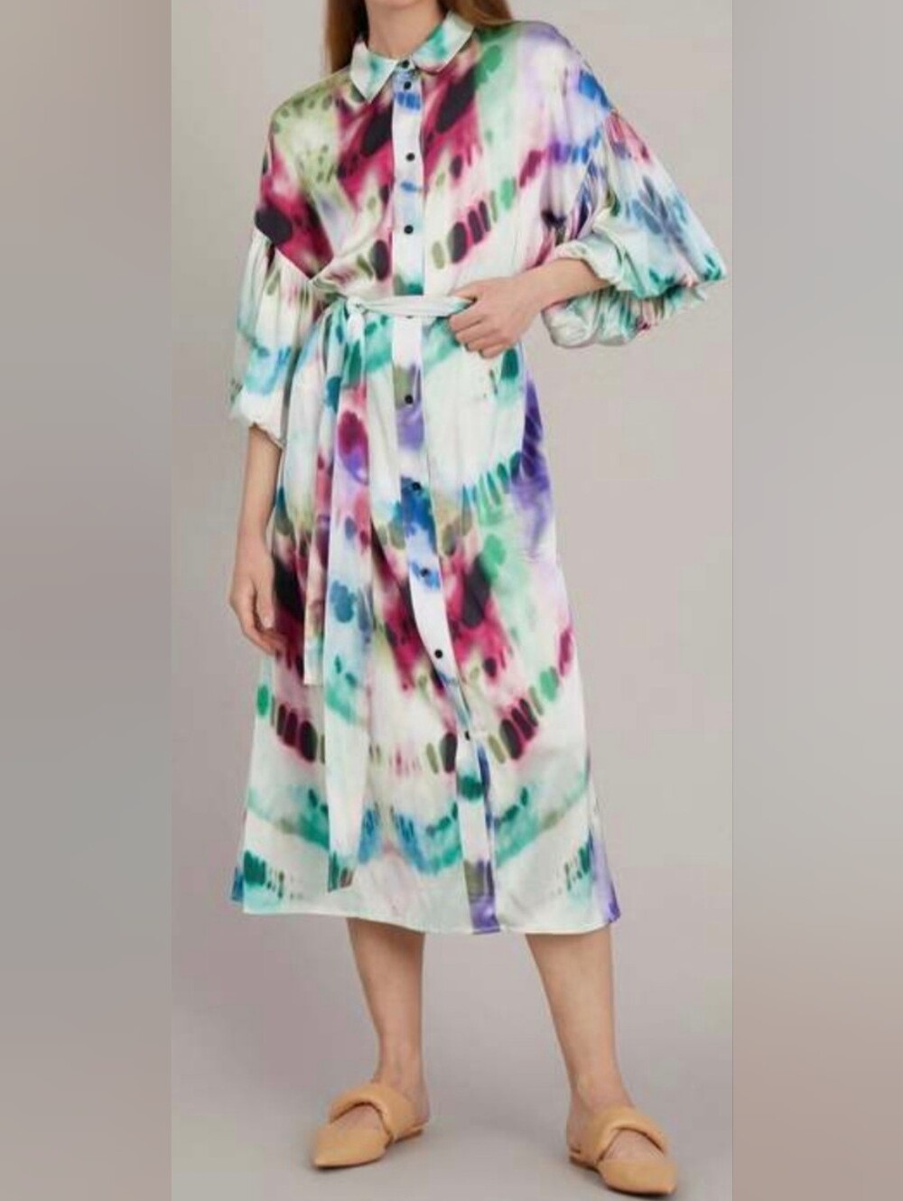Multicolor Tie-Dye Button-Front Midi Dress with Self-Tie Waist